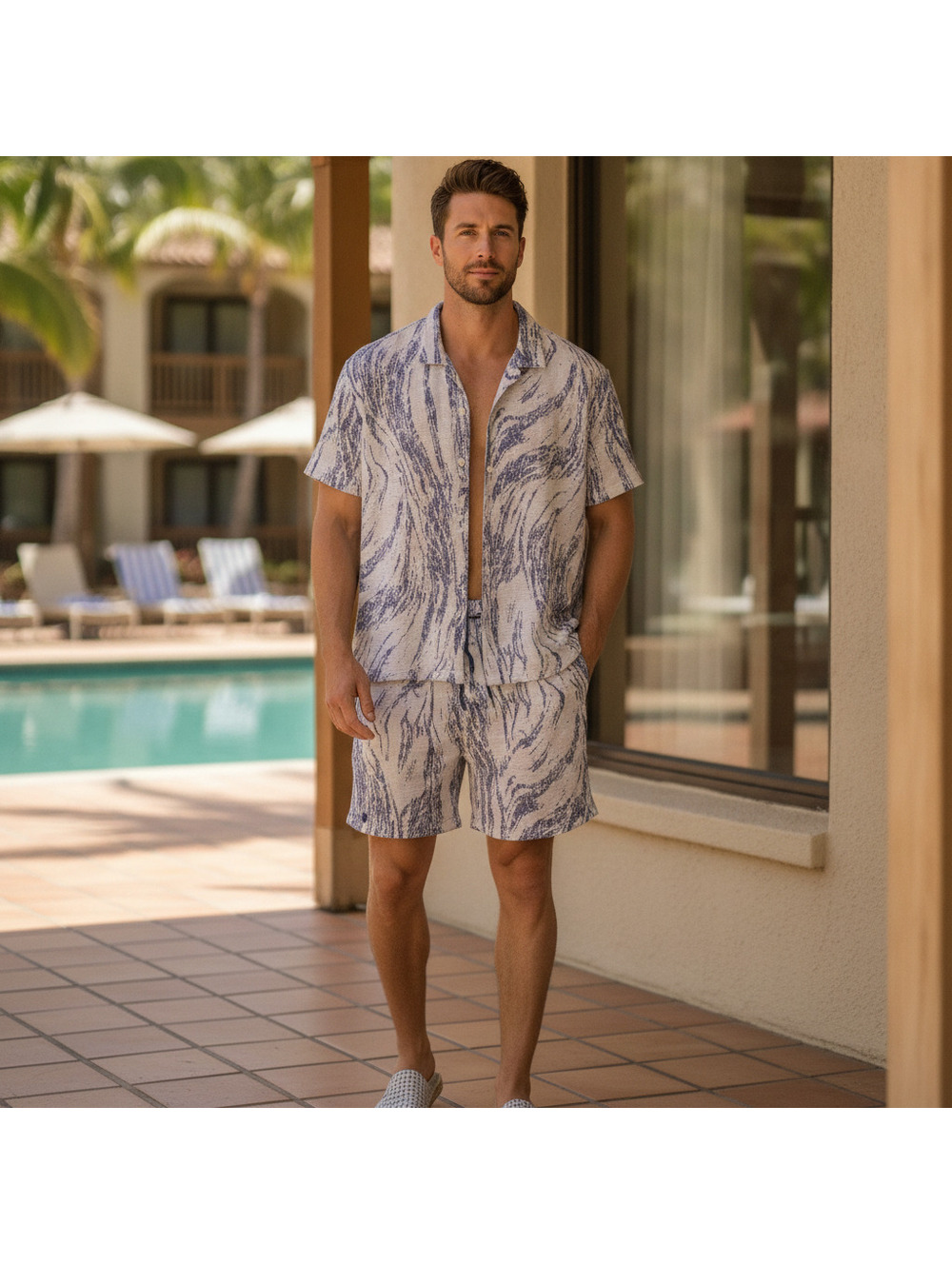 Henri James Sunset X Vine Marbled Short Sleeve Short Set White/Blue Marble XL